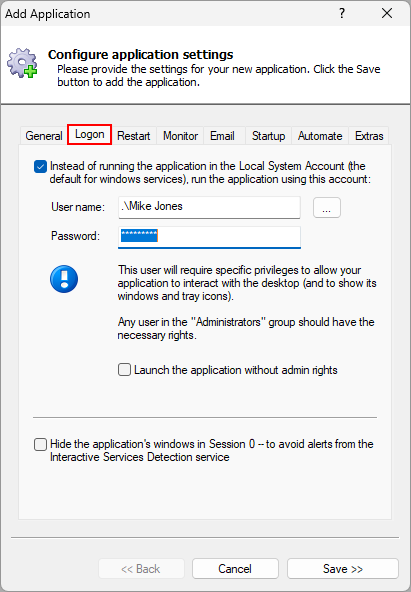 Excel 2021 Windows Service: Logon Tab
