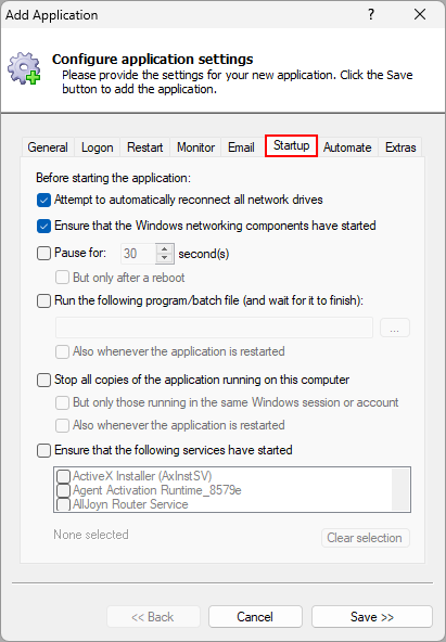 Excel 2021 Windows Service: Startup Tab
