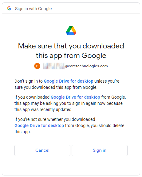Google Drive for desktop installation warning