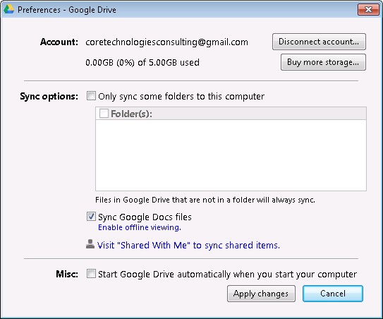 Google Drive Preferences Dialog
