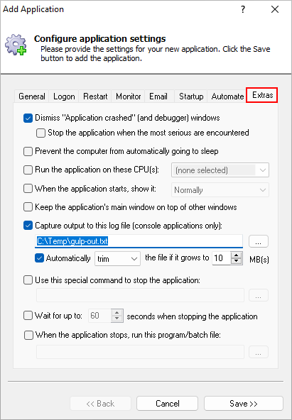 Gulp Windows Service: Extras Tab
