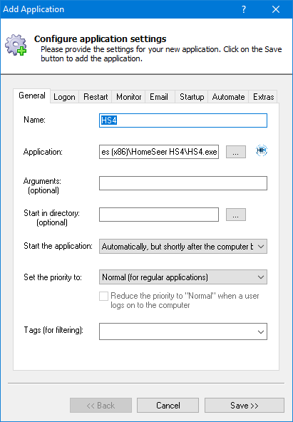 HS4 Windows Service: General Tab