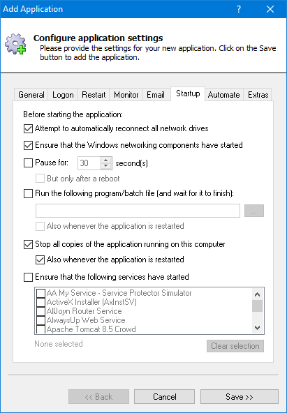 HS4 Windows Service: Startup Tab