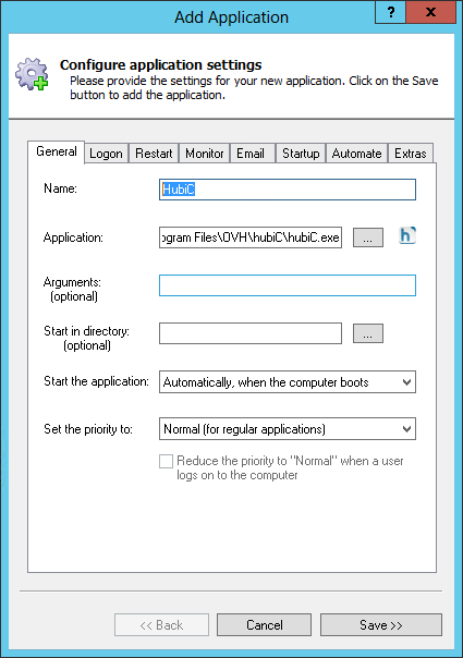 hubiC Windows Service: General Tab
