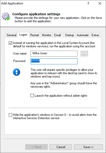 IIS Express Windows Service: Logon Tab