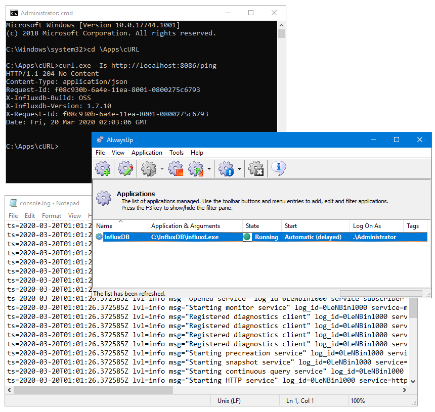 InfluxDB Windows Service: Running Information