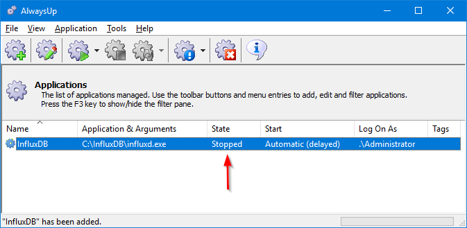 InfluxDB Windows Service: Created