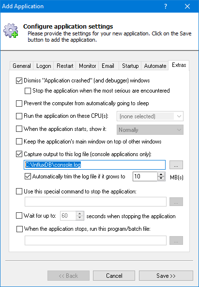 InfluxDB Windows Service: Extras Tab