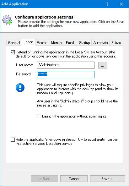 InfluxDB Windows Service: Logon Tab