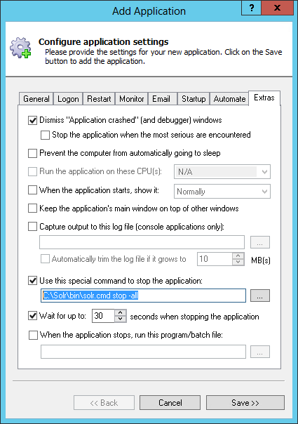 Apache Solr Windows Service: Extras Tab
