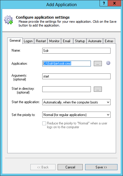 Apache Solr Windows Service: General Tab