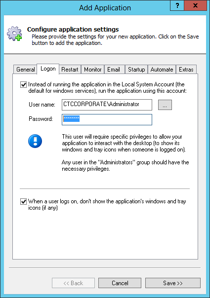 Apache Solr Windows Service: Logon Tab