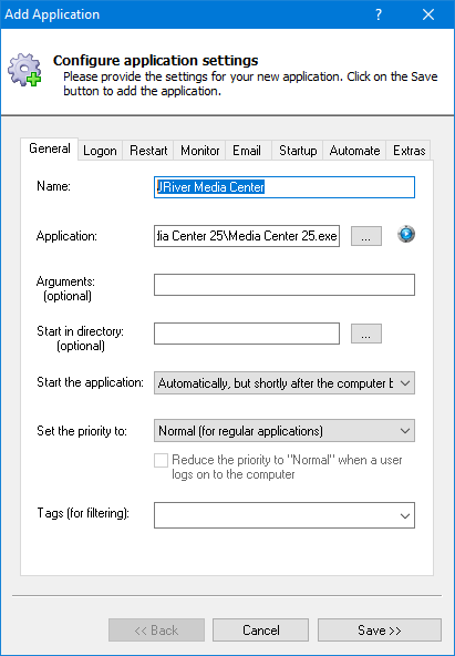 JRiver Media Center Windows Service: General Tab