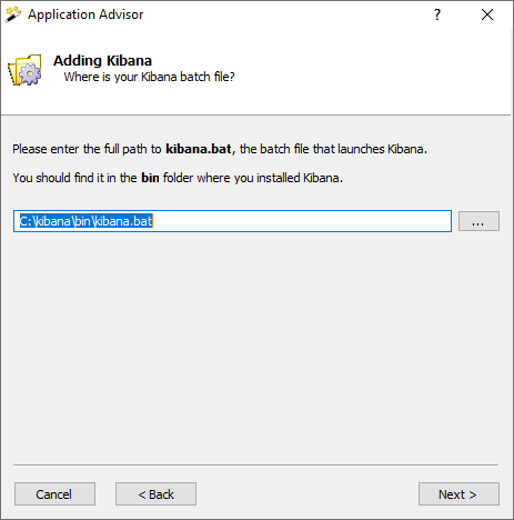 Kibana Windows Service: Enter the full path to Kibana.bat