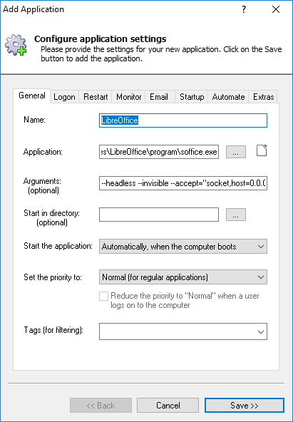 LibreOffice Windows Service: General Tab