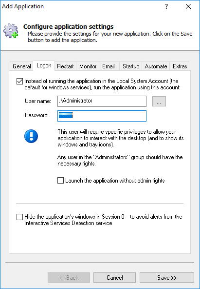 LibreOffice Windows Service: Logon Tab