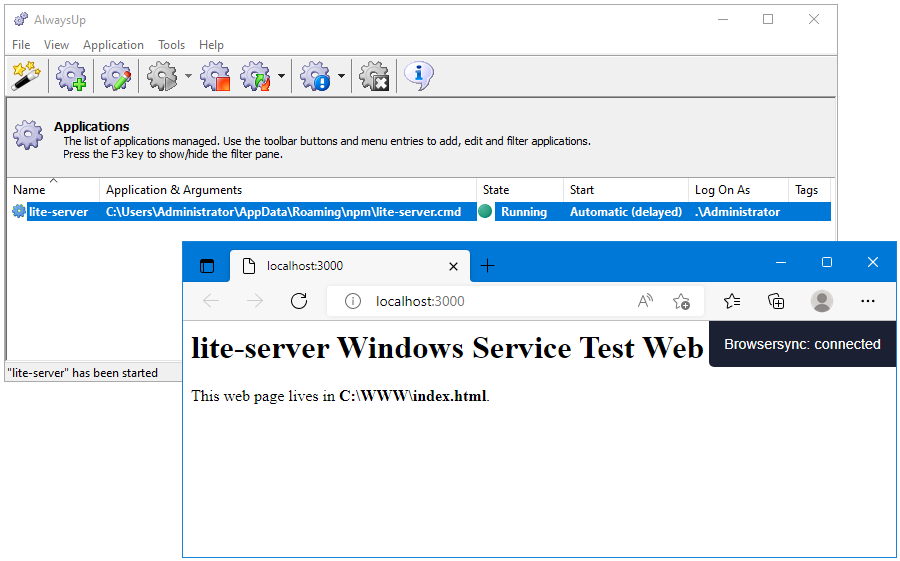 lite-server Windows Service: Browse to the site