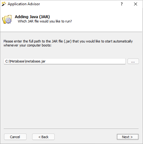 Metabase Windows Service: Enter JAR file
