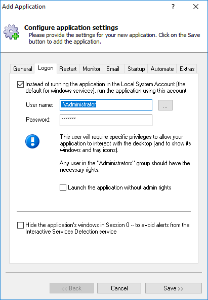 Murmur Windows Service: Logon Tab