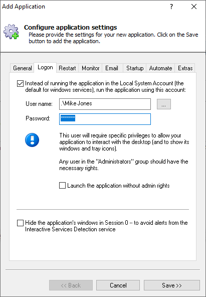 ngrok Windows Service: Logon Tab