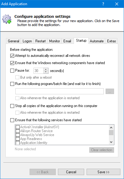 Nuxeo Windows Service: Startup Tab