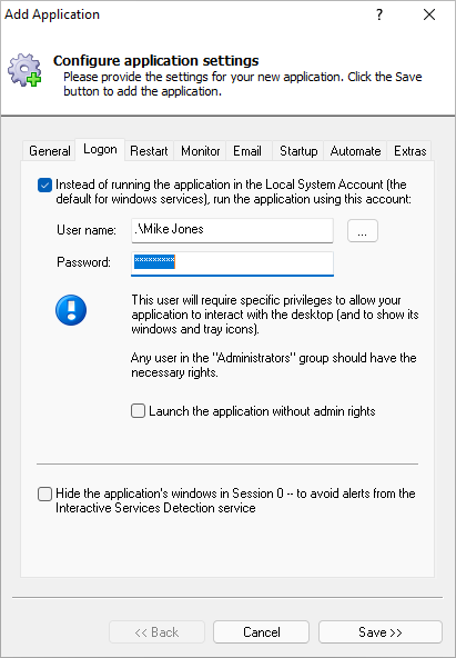 Omada Controller Windows Service: Logon Tab