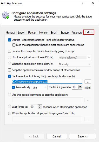 Ombi Windows Service: Extras Tab
