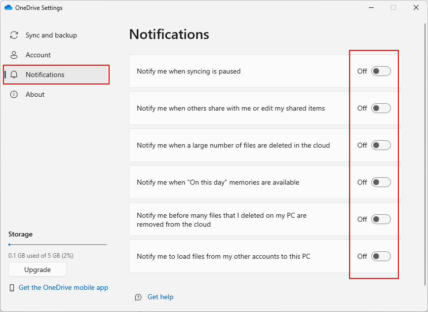 OneDrive: Turn off all notifications