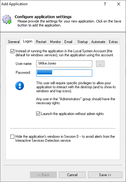 OneDrive Windows Service: Logon Tab