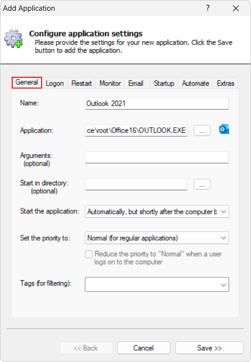 Outlook 2021 Windows Service: General Tab