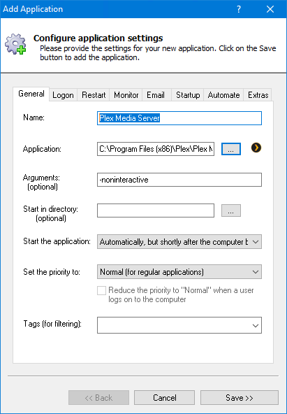 Plex Media Server Windows Service: General Tab