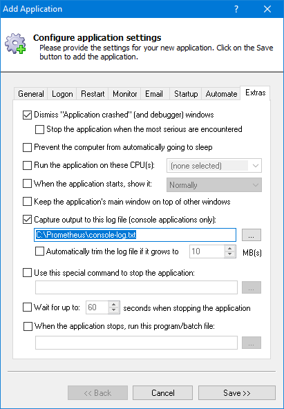 Prometheus Windows Service: Extras Tab