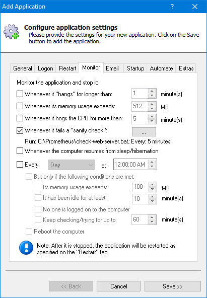 Prometheus Windows Service: Monitor Tab