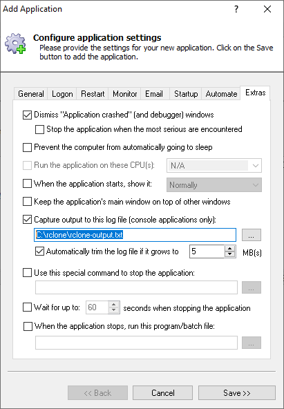 Rclone Windows Service: Extras Tab