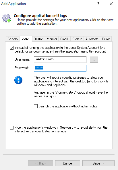Rclone Windows Service: Logon Tab