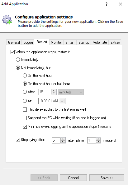 Rclone Windows Service: Restart Tab