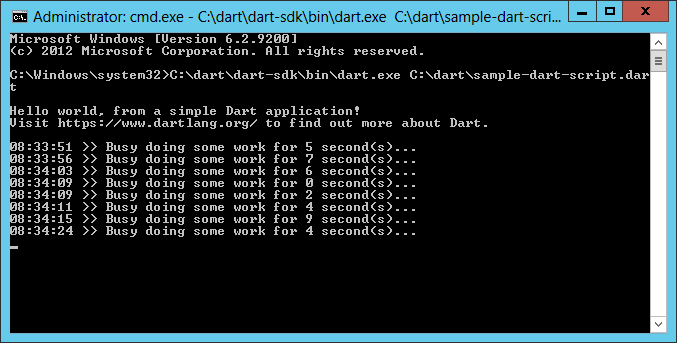 Sample Dart script code running