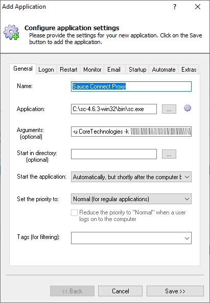 Sauce Connect Proxy Windows Service: General Tab