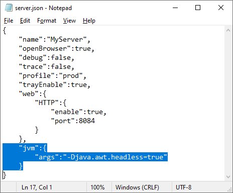 Edit server.json to run Java headless
