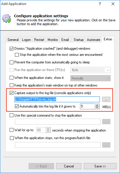 SimpleHTTPServer Windows Service: Extras Tab
