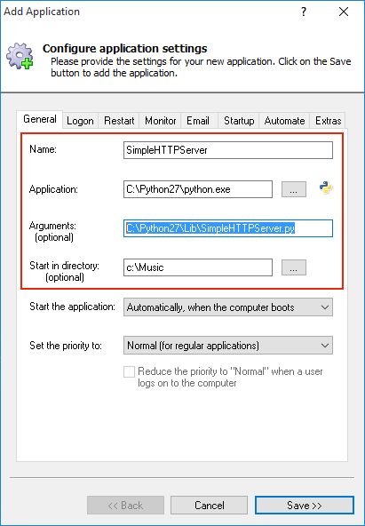 SimpleHTTPServer Windows Service: General Tab