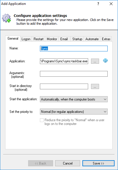 Sync Windows Service: General Tab