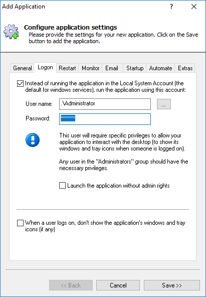 Sync Windows Service: Logon Tab