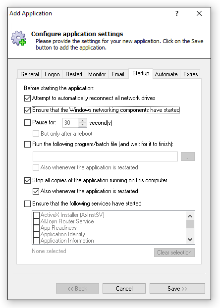Todo Backup Windows Service: Startup Tab
