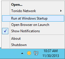 Tonido Menu - Uncheck Run at Windows Startup