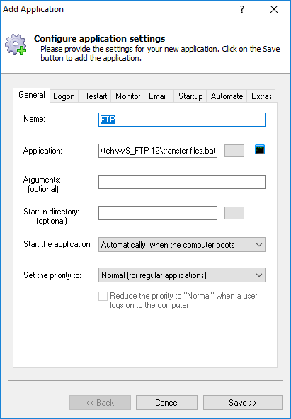 WS FTP Pro Windows Service: General Tab
