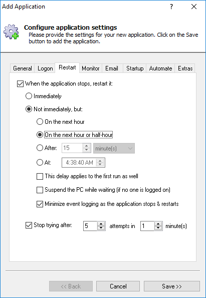 WS FTP Pro Windows Service: Restart Tab