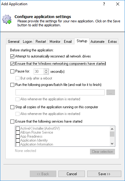 WS FTP Pro Windows Service: Startup Tab