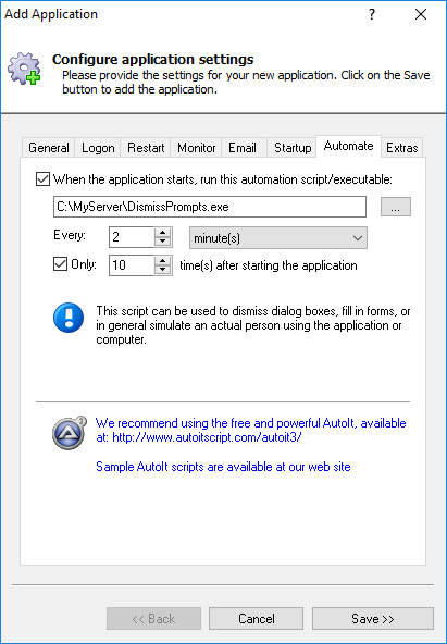 AlwaysUp configuration with AutoIt