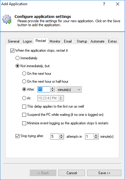 Adding an application as a service: Restart tab